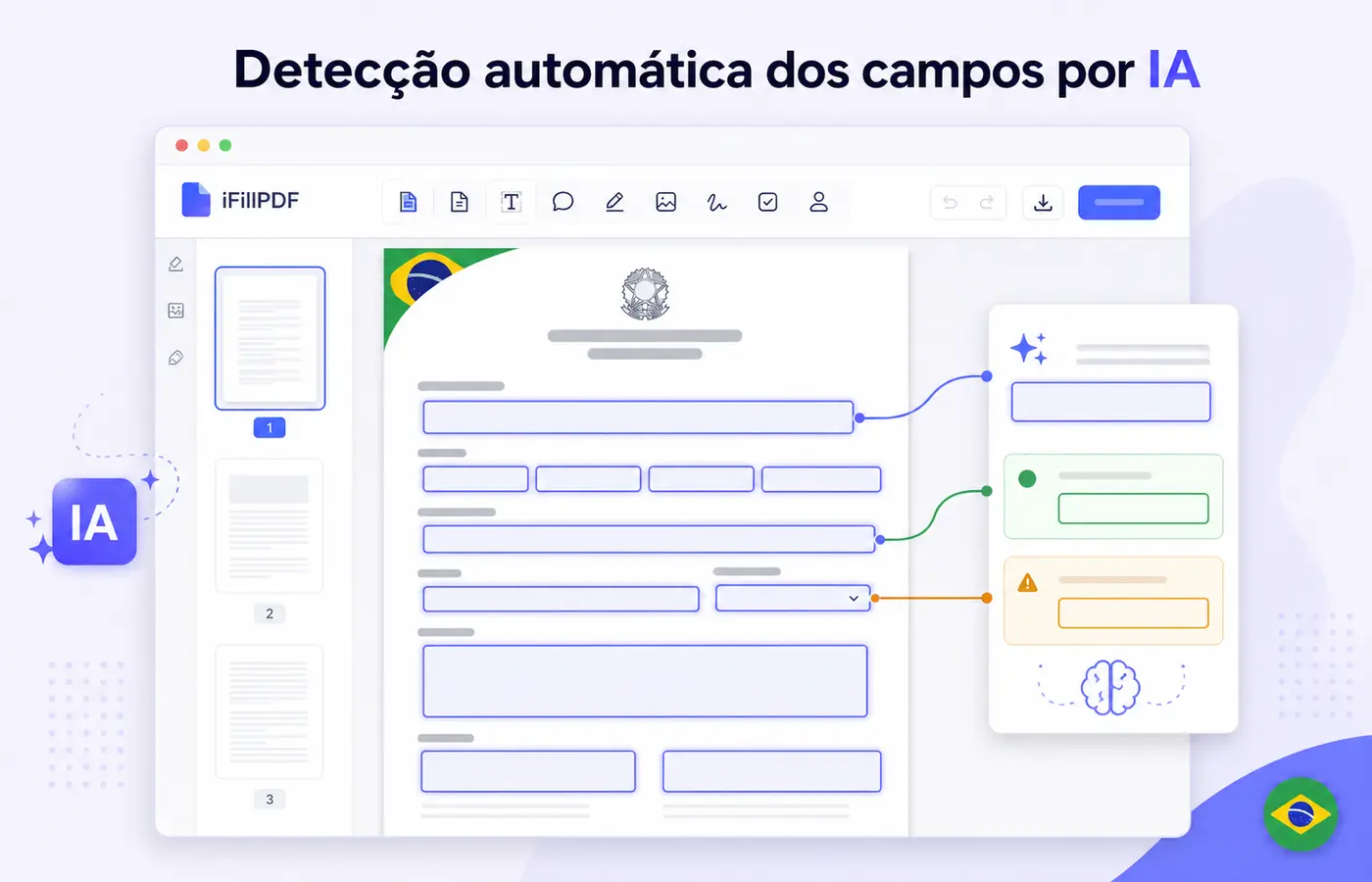 Captura de tela anotada do editor iFillPDF mostrando a detecção automática de campos em um formulário PDF