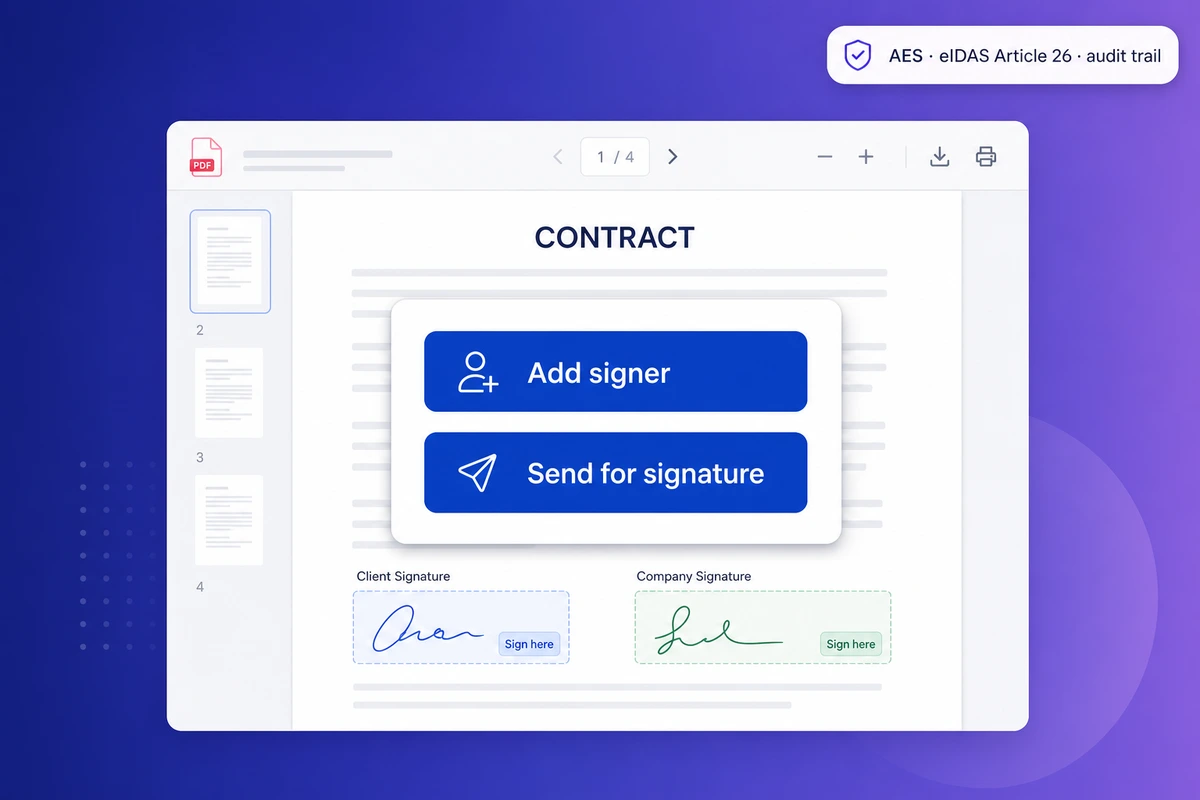 iFillPDF e-signature interface ready to add signers to a contract PDF, with an 'AES Β· eIDAS Article 26' compliance badge
