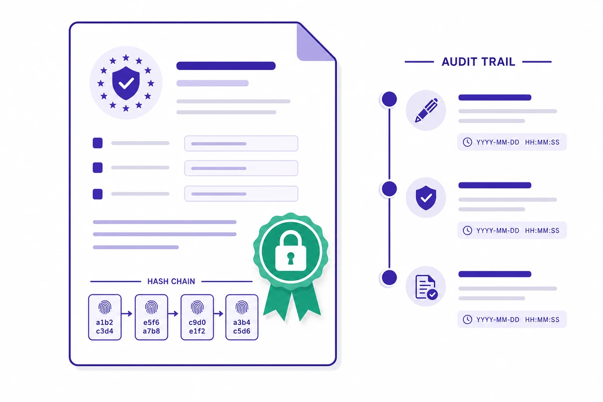 Visual representation of an Advanced Electronic Signature : digital certificate, cryptographic hash chain, audit trail with timestamps
