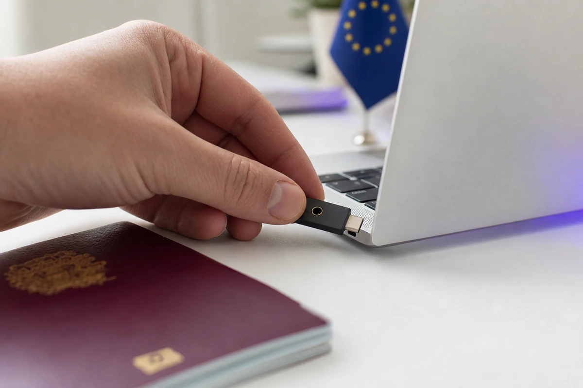 Hand inserting a USB hardware security token into a MacBook for Qualified Electronic Signature creation under eIDAS