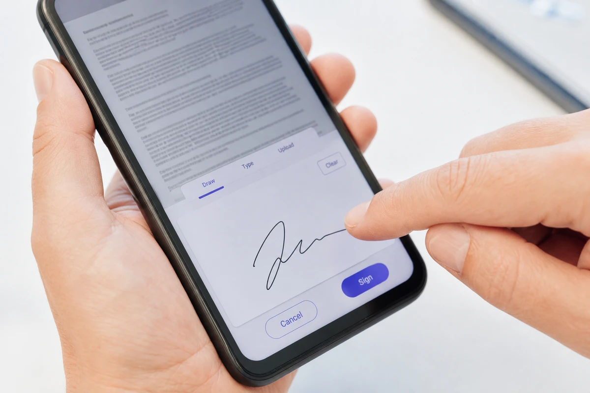 Person drawing a cursive signature with their finger on a smartphone touchscreen as a Simple Electronic Signature on a contract