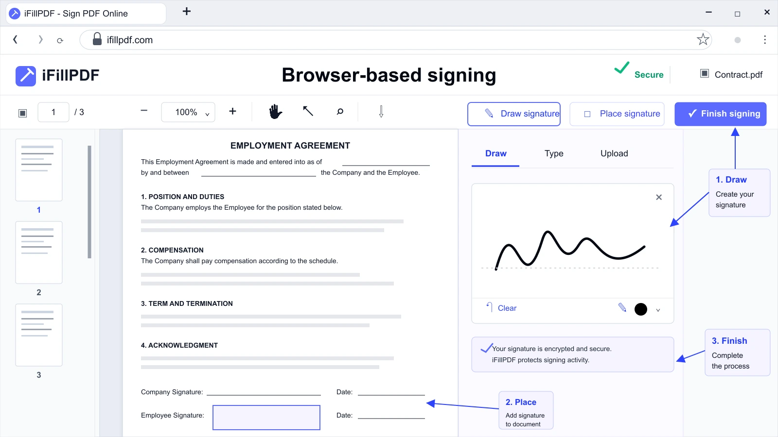 User drawing handwritten signature on PDF contract in Chrome browser