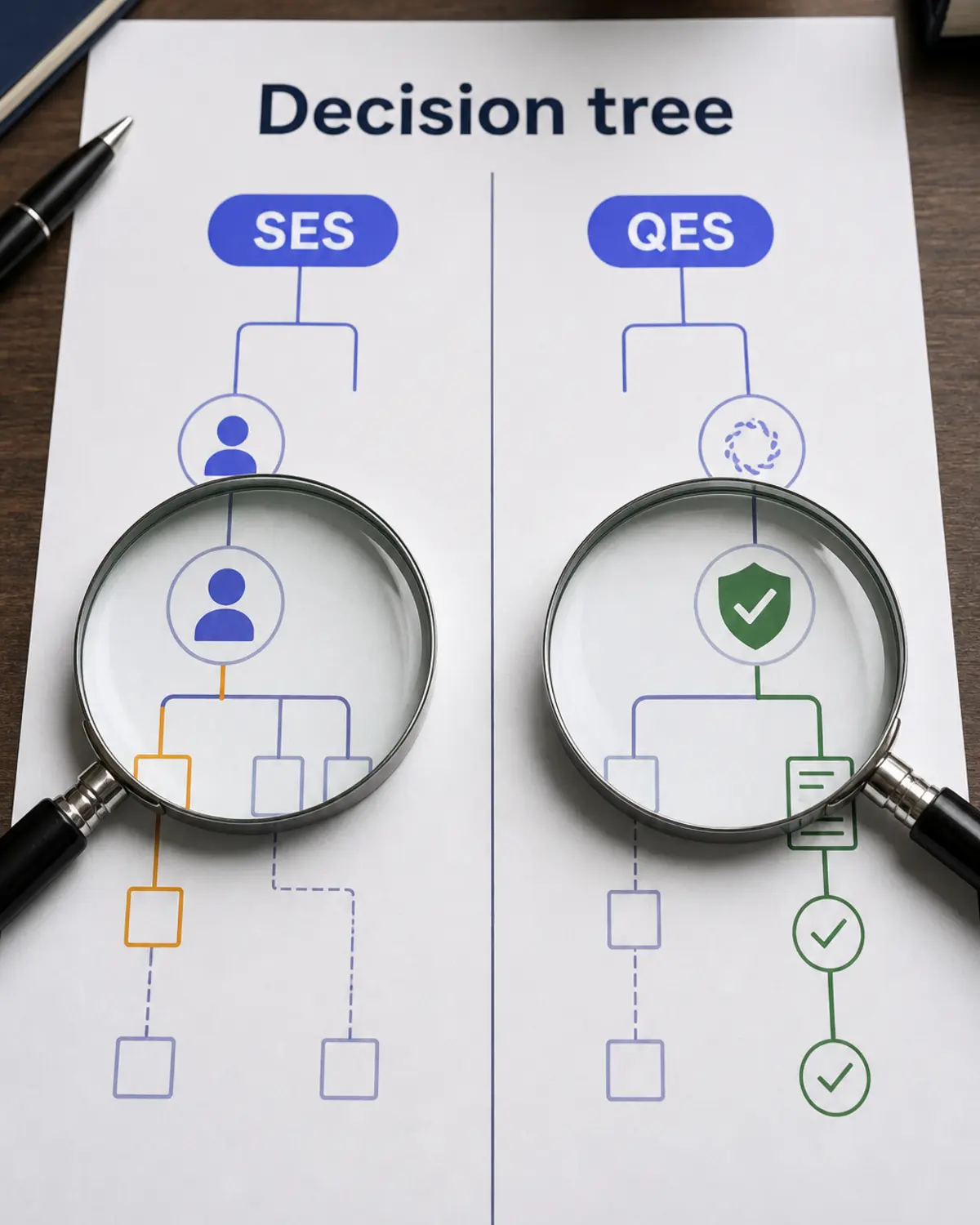 Decision tree infographic comparing SES, AES, and QES signature levels