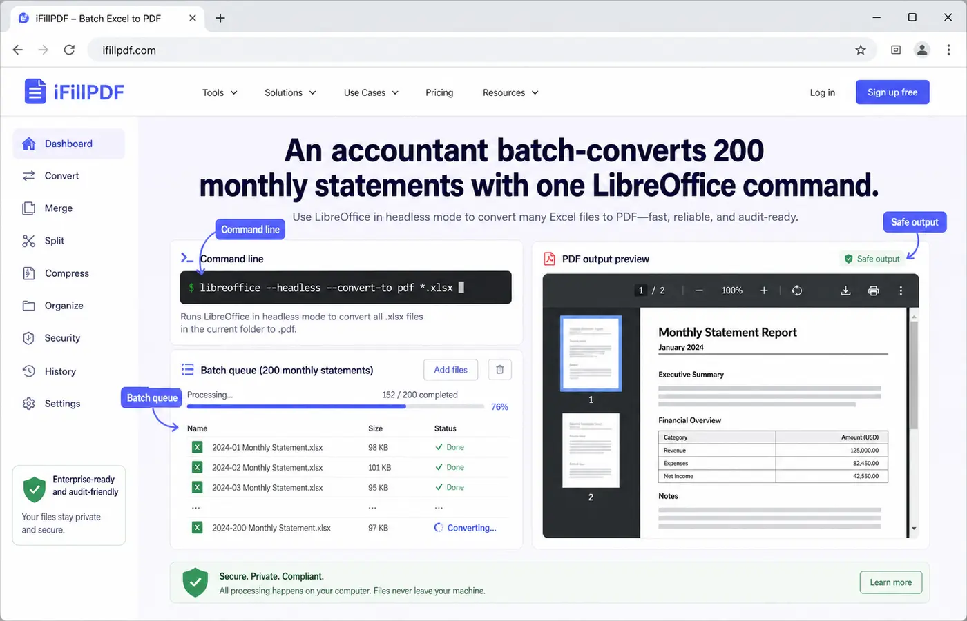 Accountant on laptop running LibreOffice CLI batch conversion at desk