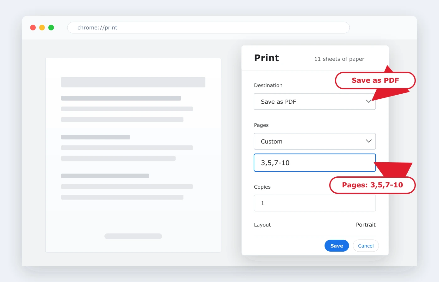 Chrome print dialog showing custom page range selection for PDF extraction