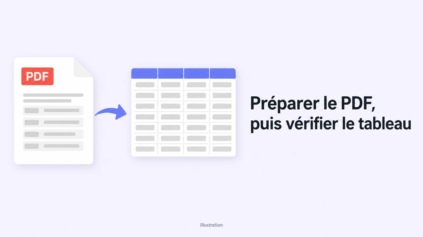 Visuel d'appel à l'action montrant un document PDF stylisé dont un tableau se transforme en grille de tableur, sur fond corail clair