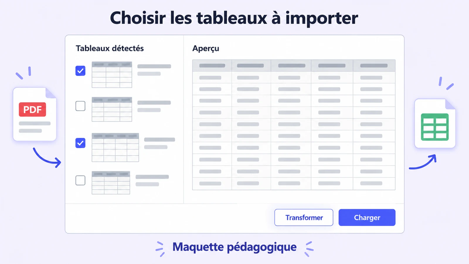Maquette d'interface montrant un assistant d'import de PDF dans un tableur, avec un volet listant les tableaux détectés par page à cocher et un aperçu de la grille reconstituée à droite