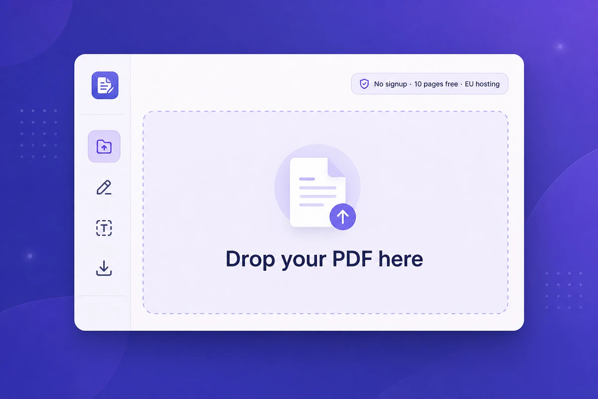 iFillPDF web app interface ready to accept a PDF drop, 'No signup required' badge visible top-right