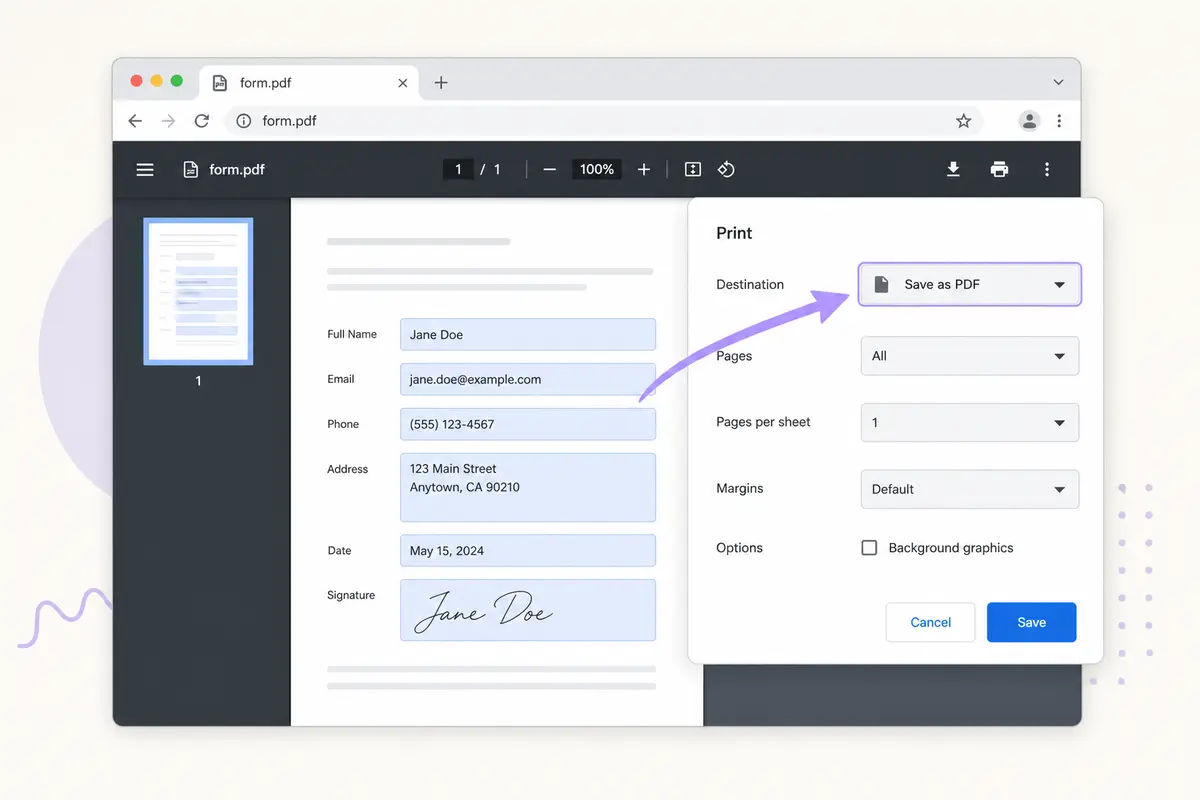 Chrome browser print dialog showing 'Save as PDF' option to bake filled form values into a new file