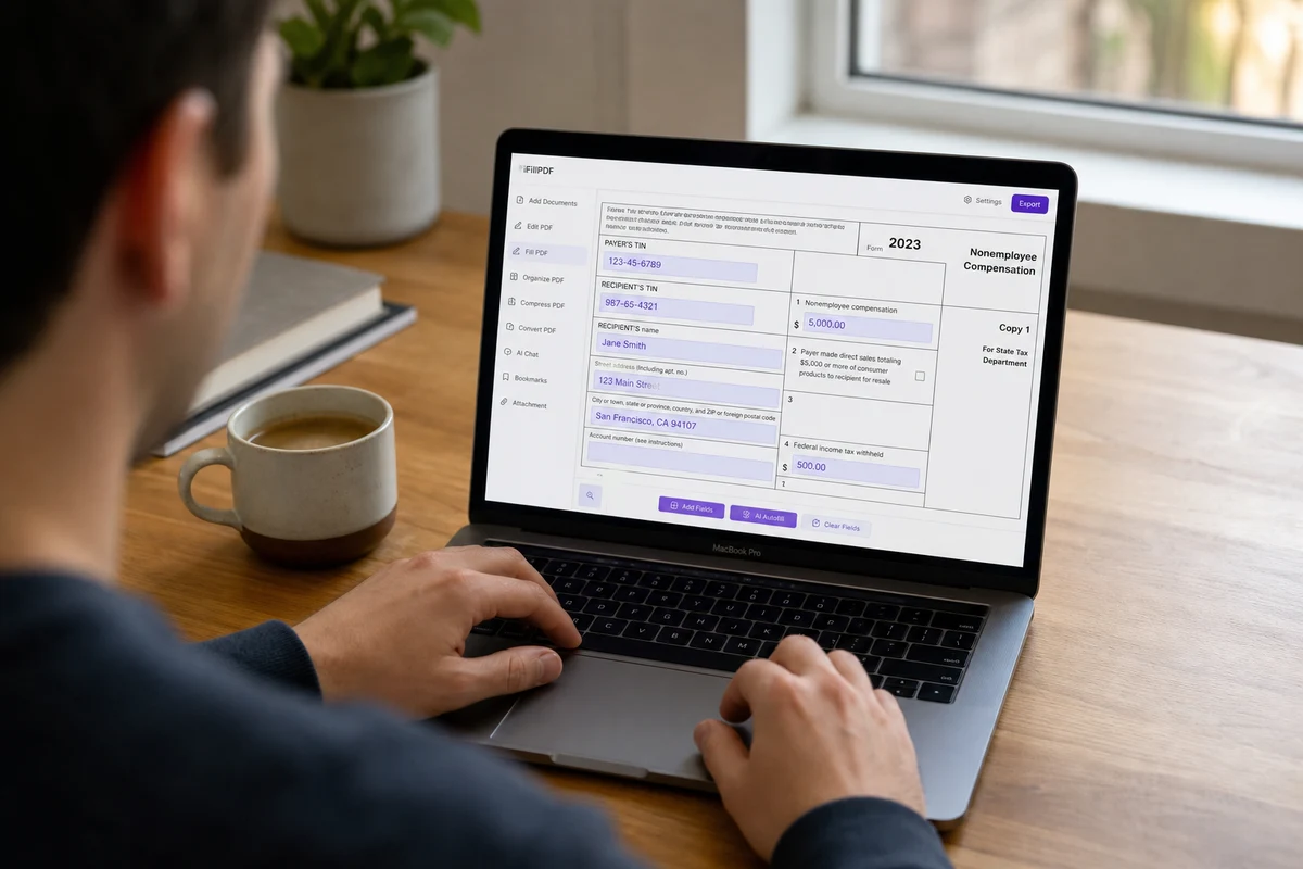 Freelance designer Alex filling a 1099-NEC tax form on iFillPDF with AI-detected fields highlighted in indigo