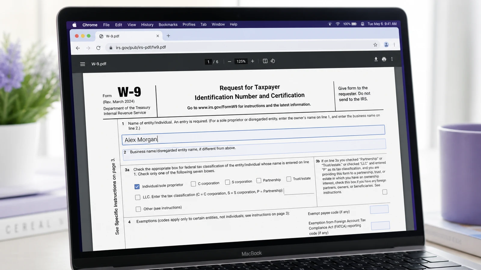 Browser tab showing Chrome's built-in PDF viewer with a US tax form W-9 partially filled in by a user