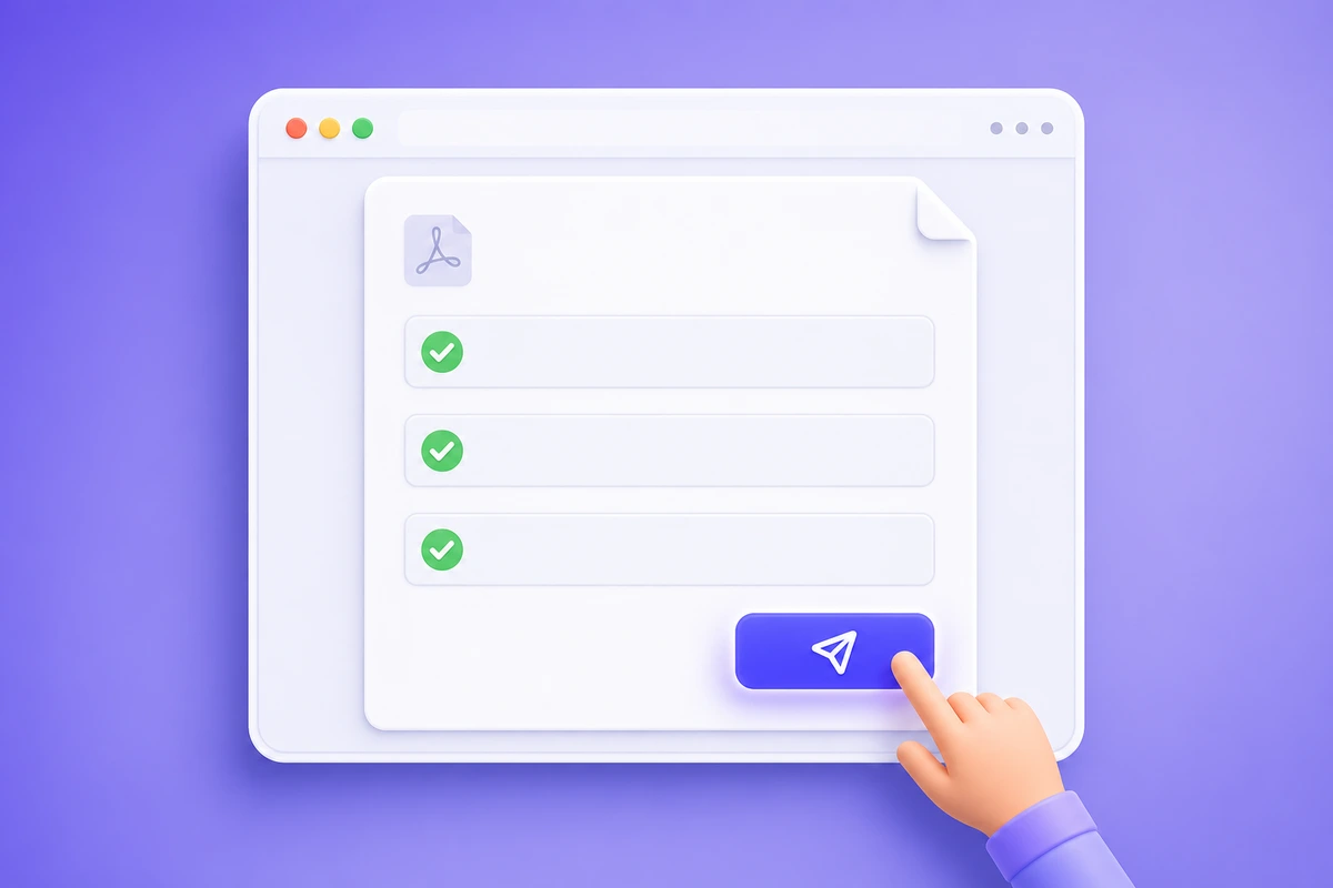 Browser window with a completed fillable PDF and a glowing send button, ready to share