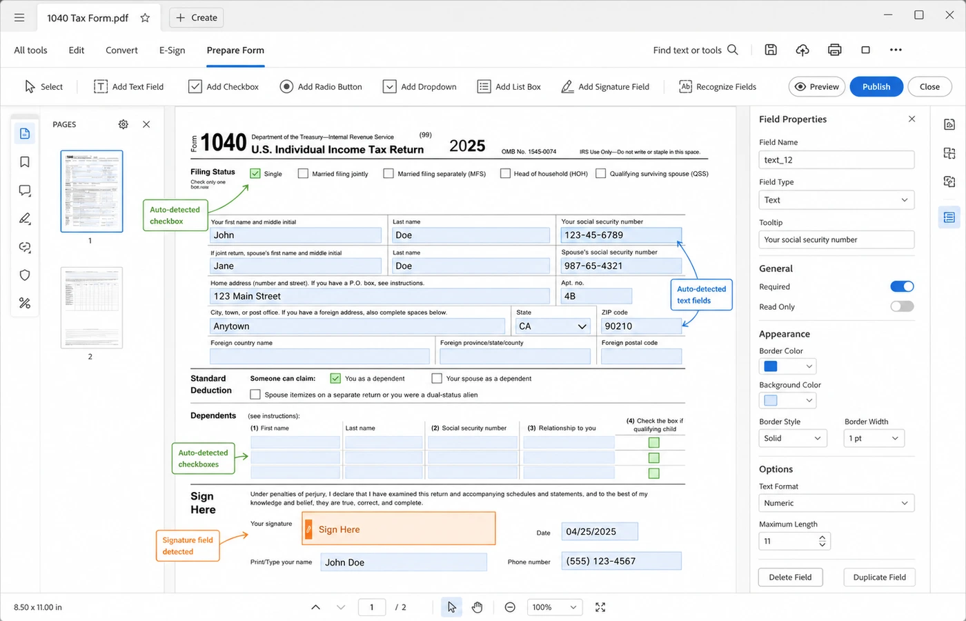 Adobe Acrobat Pro Prepare Form view with auto-detected fillable fields highlighted on a tax form