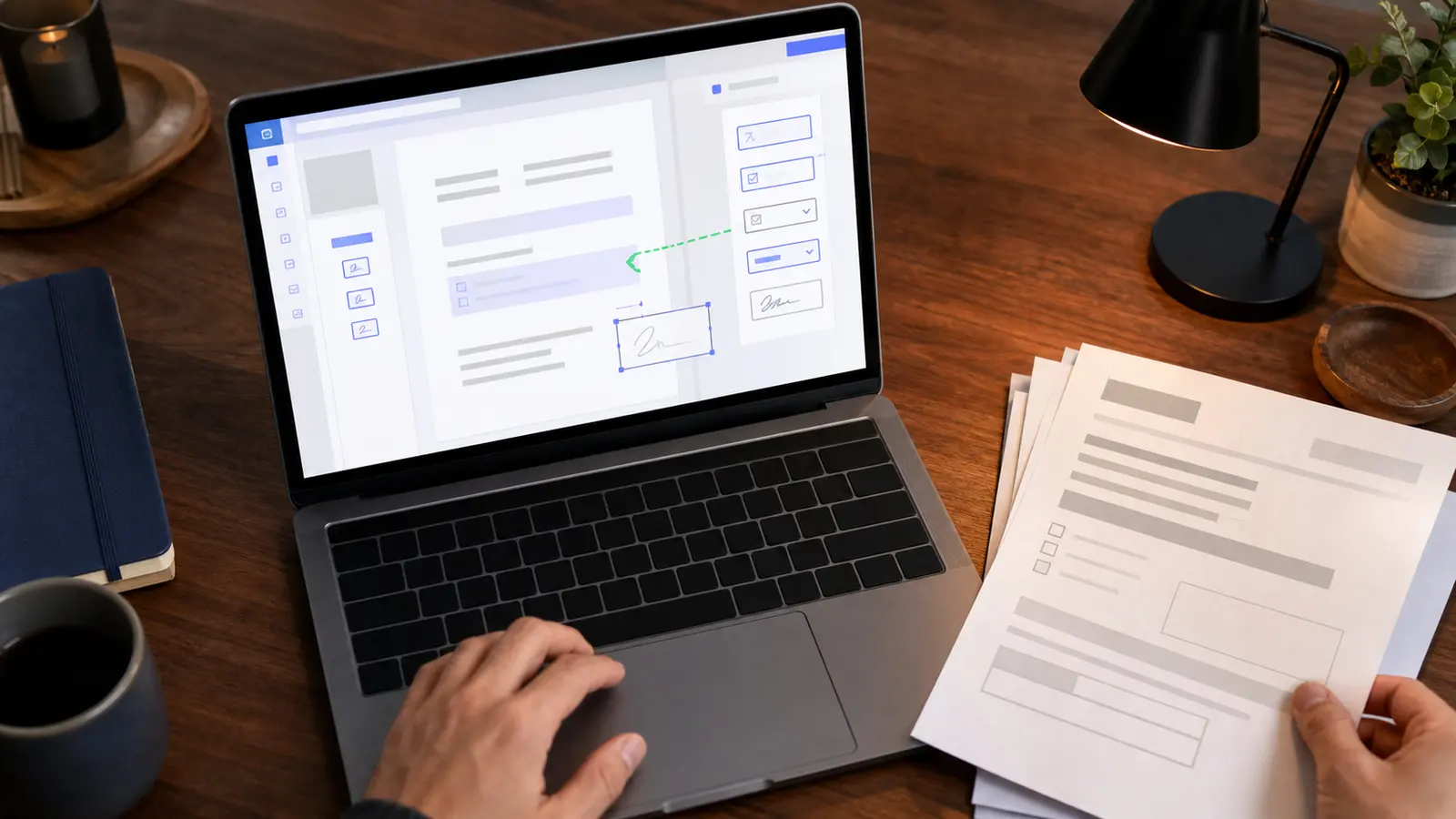 Designer building a fillable PDF form by dragging text fields, checkboxes and a signature box onto a document