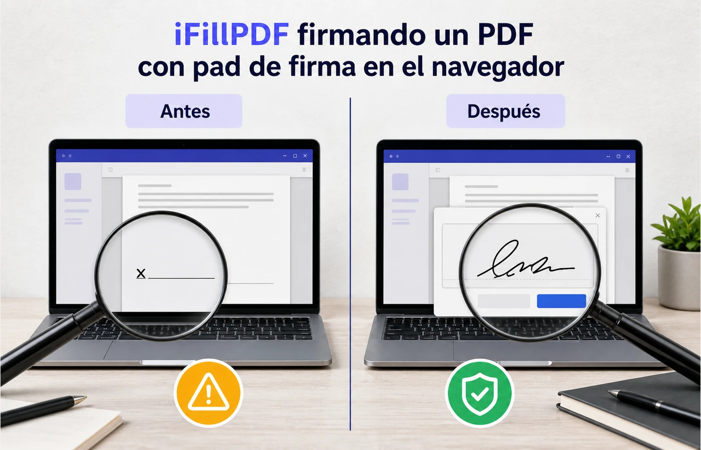 Captura anotada de iFillPDF firmando un PDF con pad de firma en el navegador