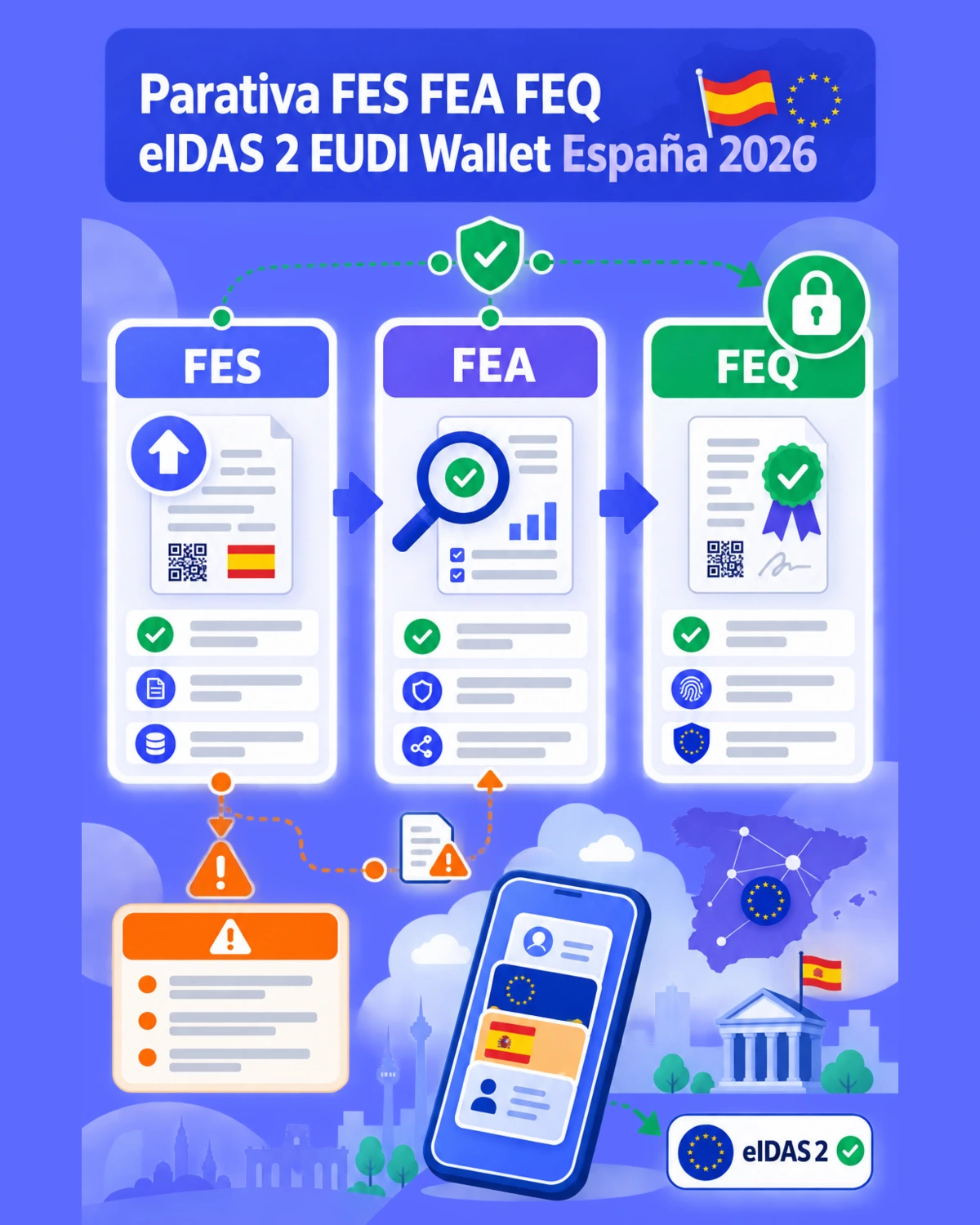 Infografía comparativa FES FEA FEQ eIDAS 2 EUDI Wallet España 2026