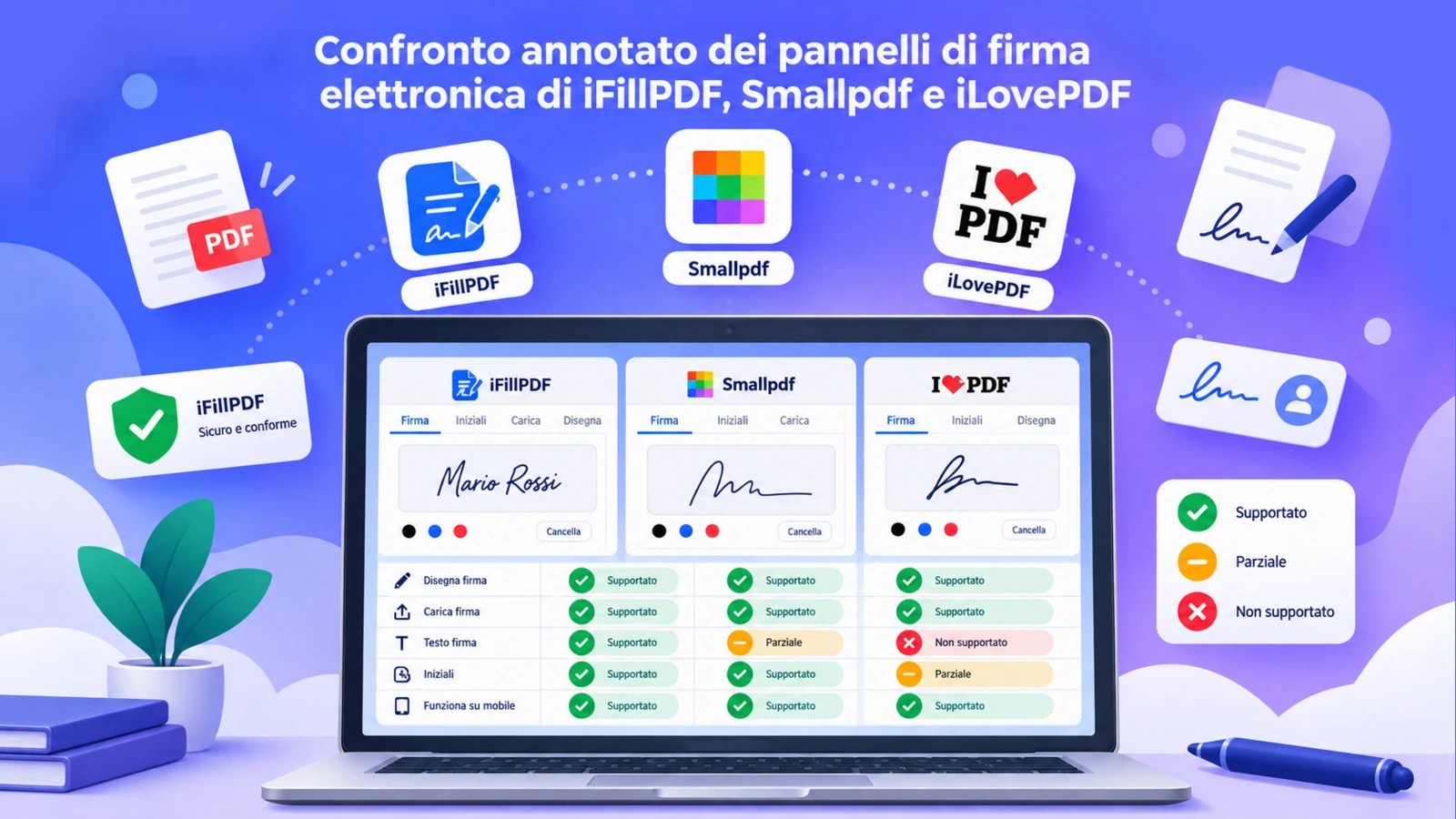 Confronto annotato dei pannelli di firma elettronica di iFillPDF, Smallpdf e iLovePDF