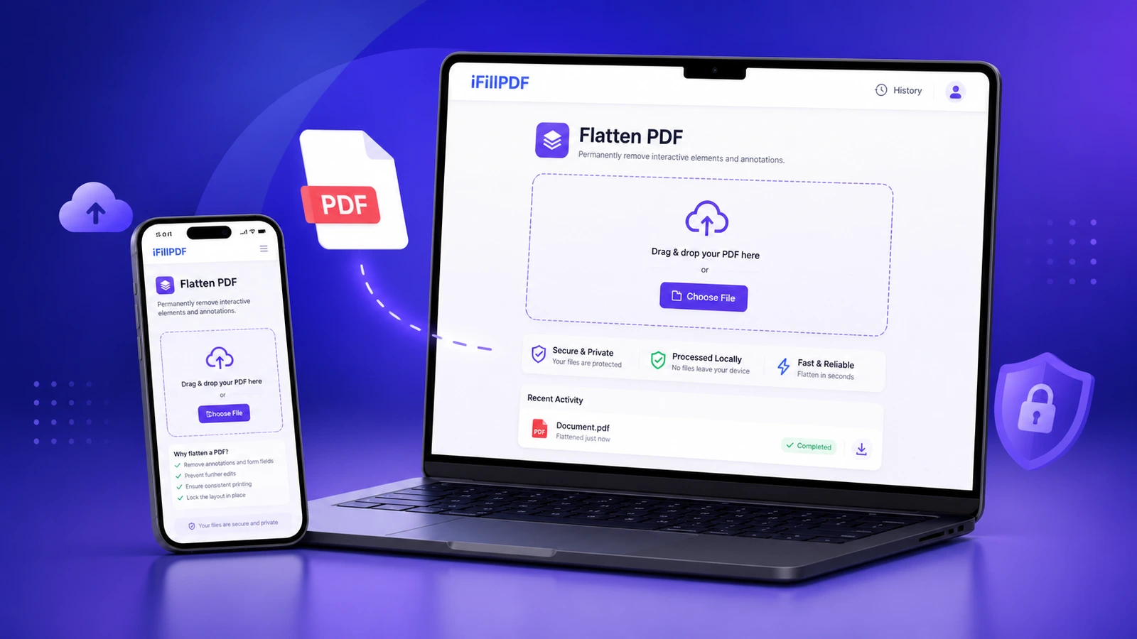 iFillPDF flatten tool interface on laptop and mobile, ready to receive a PDF file