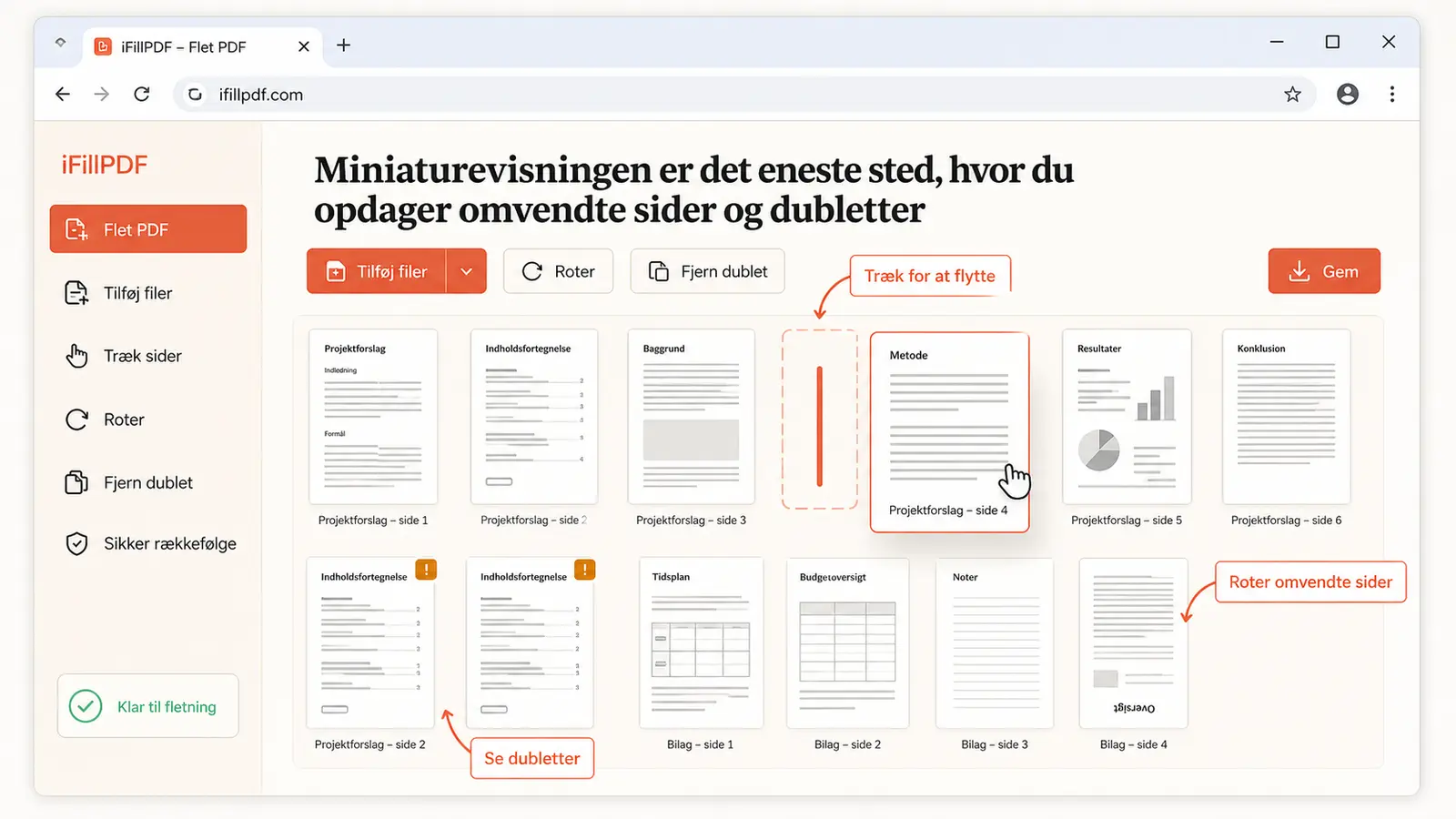Skærmbillede af et sammenlægningsværktøj med et gitter af sideminiaturer fra flere dokumenter, hvor en side trækkes til en ny placering