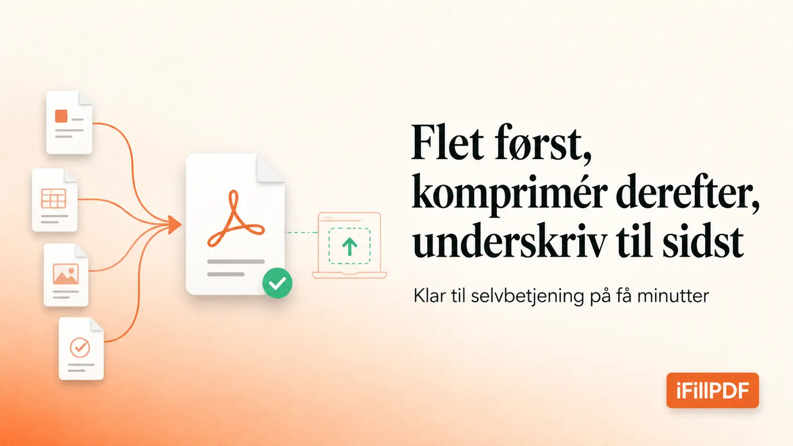 Ren illustration af flere dokumentikoner, der samles til én fil klar til upload i et selvbetjeningssystem