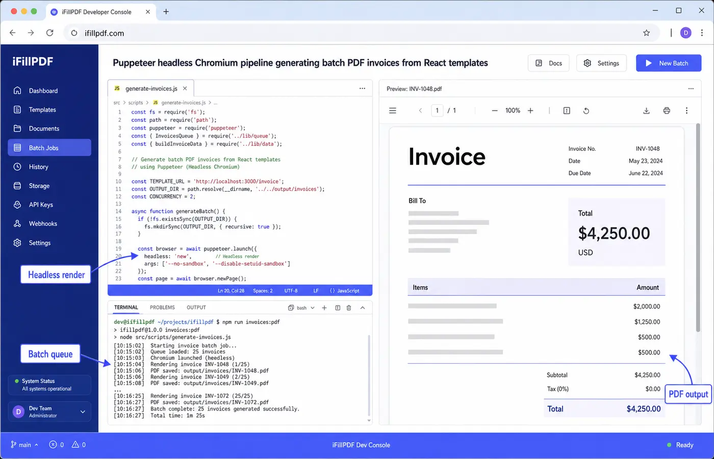 Backend developer working on Puppeteer Node.js script generating PDF invoices in terminal