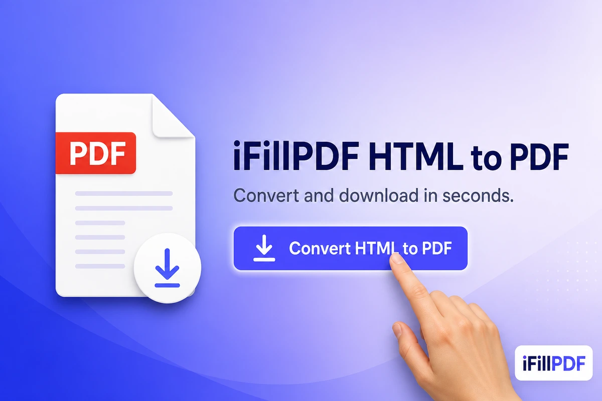 Hand clicking convert HTML to PDF button on iFillPDF tool with download arrow icon