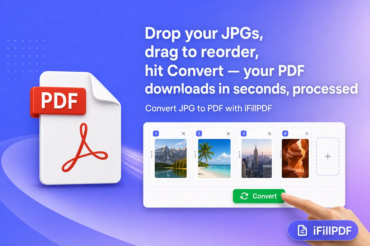 Hand pointing at Convert button on iFillPDF JPG to PDF tool interface