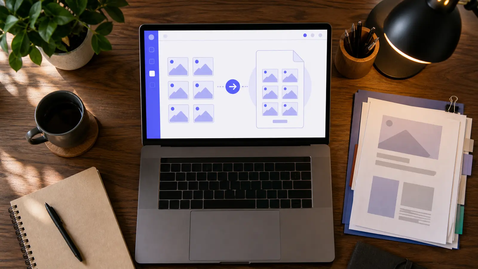 JPG photos converting into a single PDF document on laptop