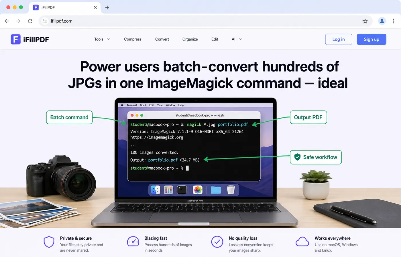 Photography student running ImageMagick command in terminal on MacBook