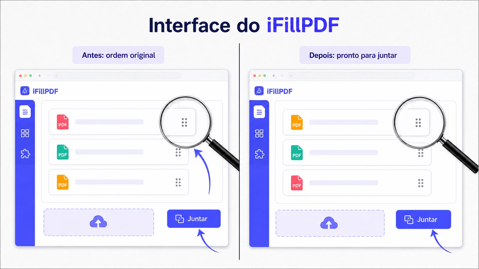 Captura de tela anotada da interface do iFillPDF com três PDFs carregados, as setas para cima e para baixo que reordenam a lista e o botão Juntar
