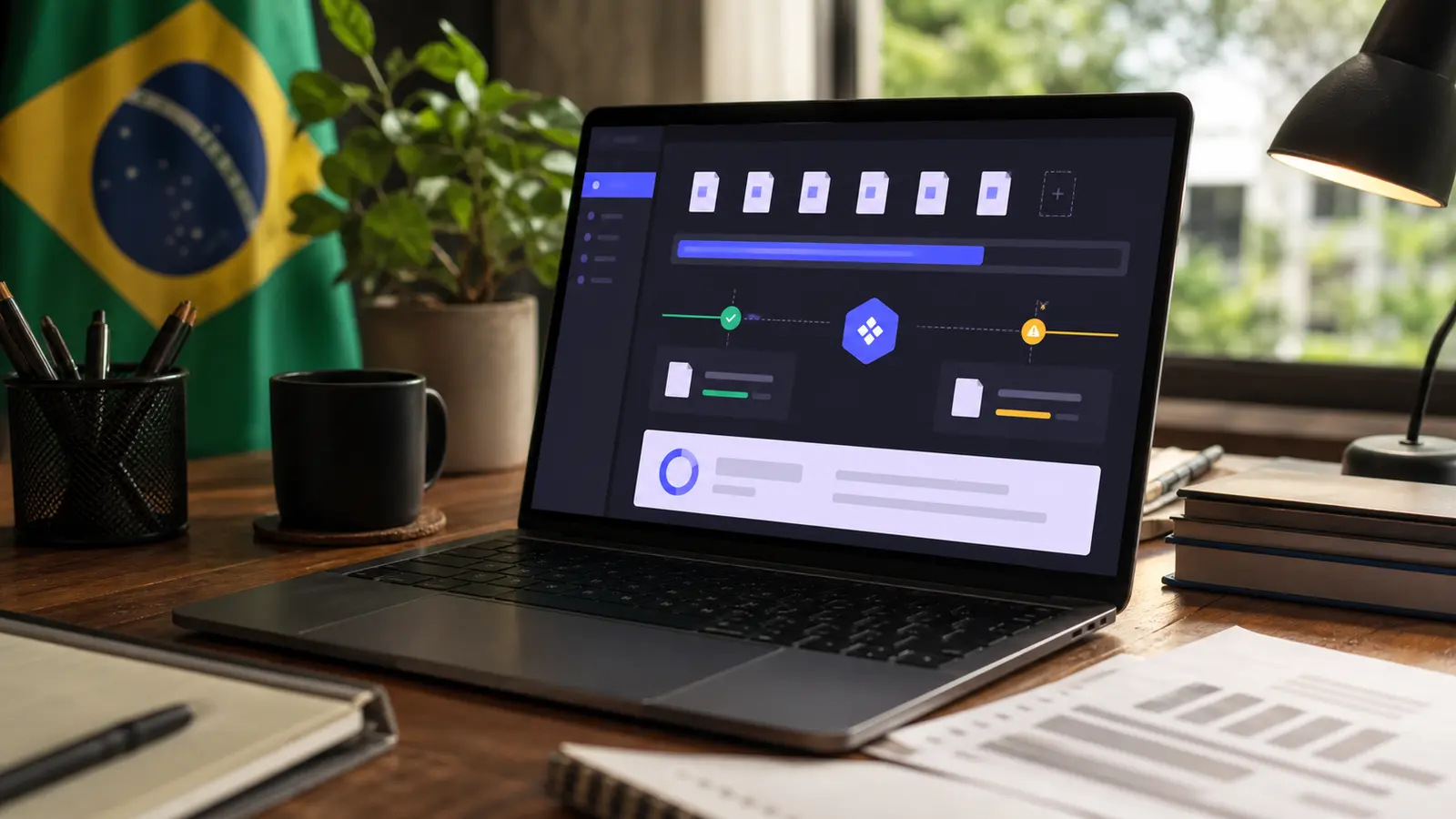 Foto realista de uma mesa de desenvolvedor com terminal aberto exibindo o comando qpdf executando uma mesclagem de PDFs
