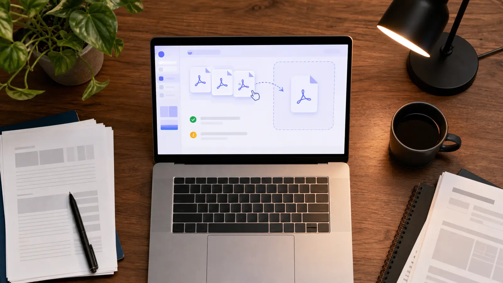 Tela de notebook mostrando vários arquivos PDF sendo arrastados para uma ferramenta online gratuita de mesclagem