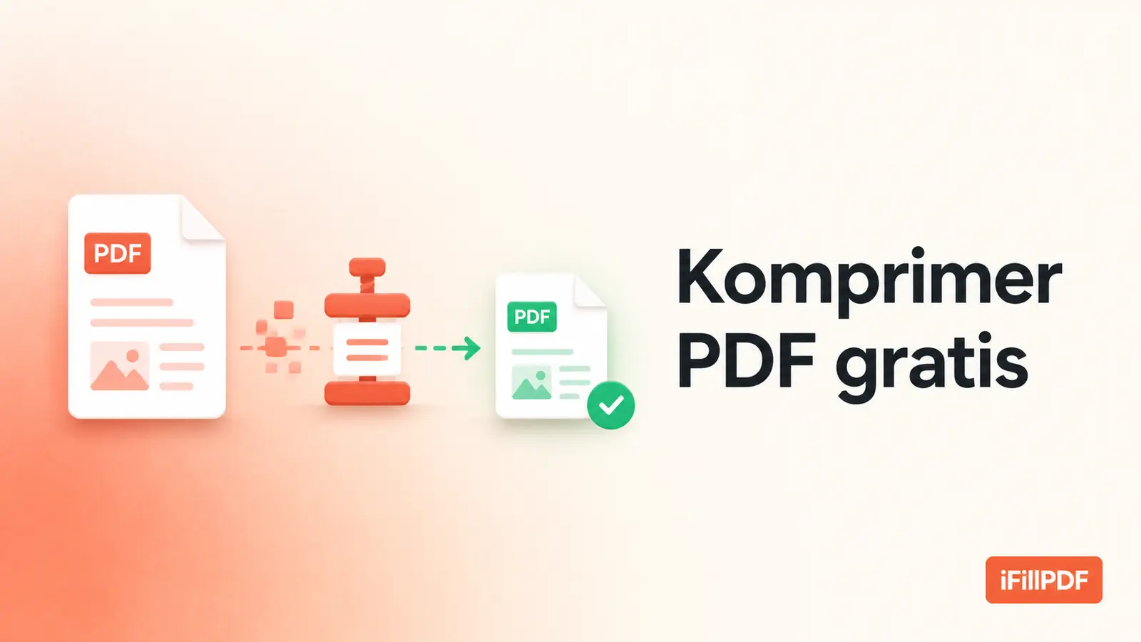Ren illustration af en tung PDF-fil, der føres gennem et komprimeringstrin og kommer ud som en lettere fil klar til afsendelse