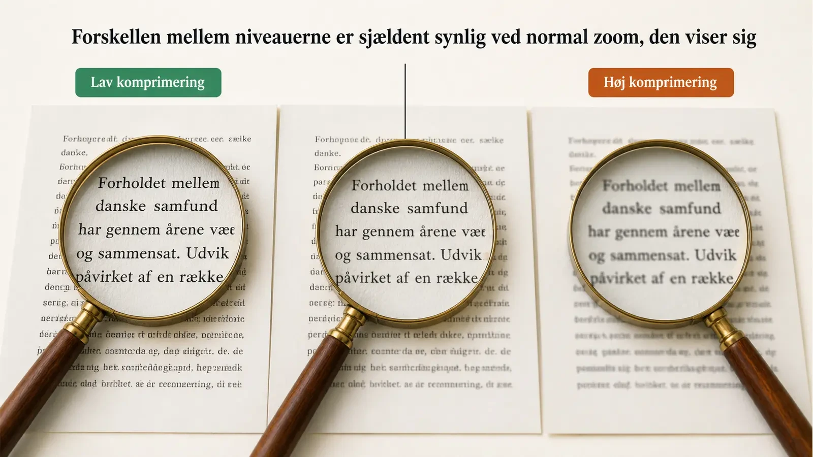 Sammenligning af den samme scannede tekstside i tre komprimeringsniveauer, hvor bogstavernes kanter bliver gradvist mere udtværede fra venstre mod højre