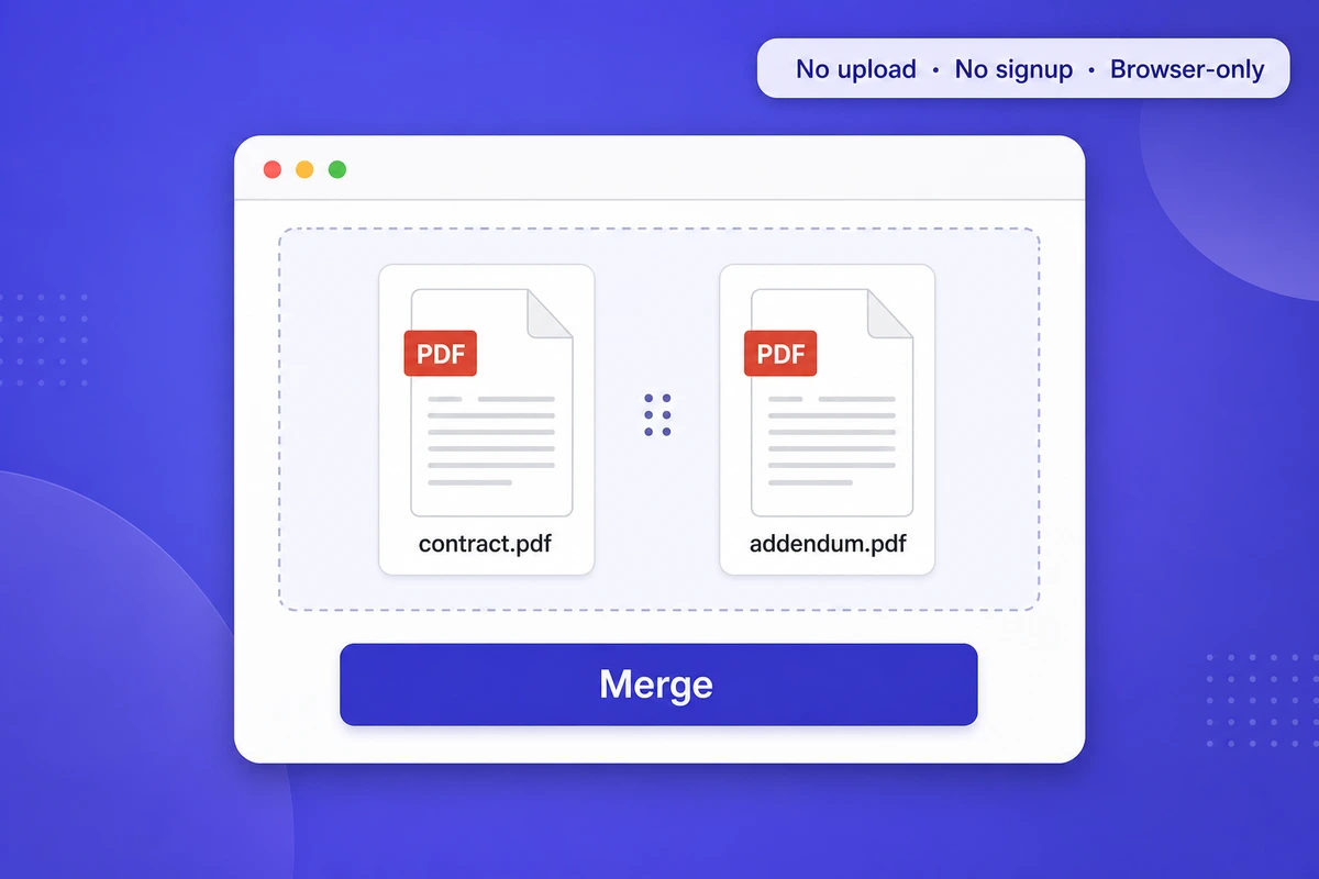 iFillPDF merge-PDF interface showing two PDF files ready to be merged, with a 'No upload · No signup · Browser-only' privacy badge