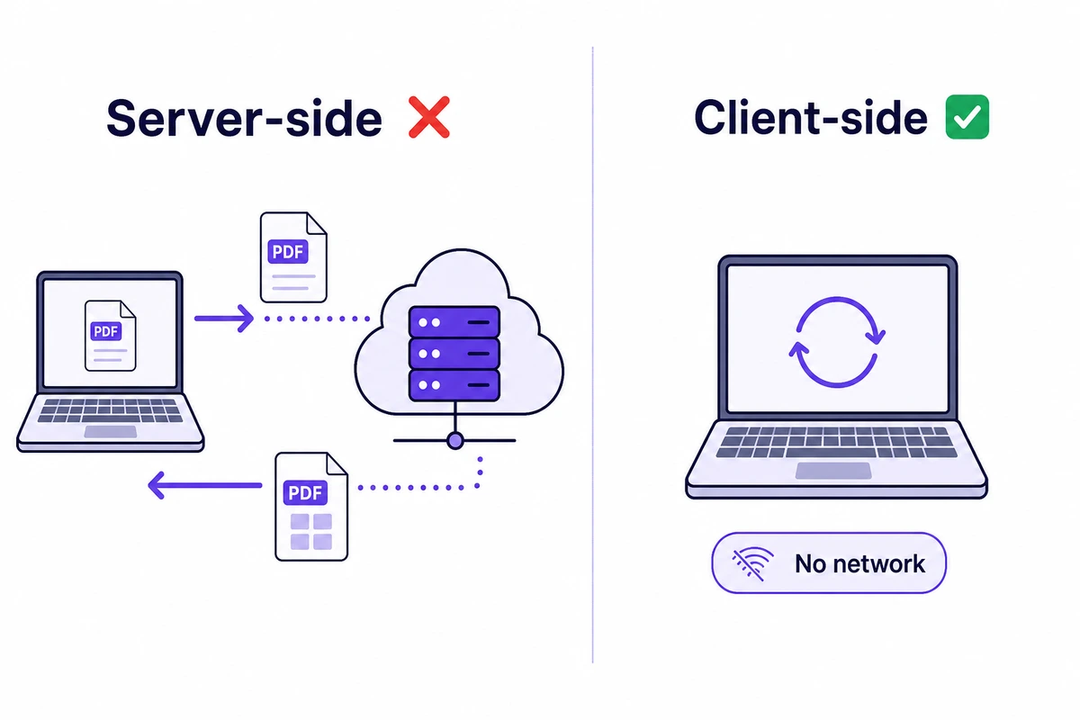 Comparison of server-side PDF merger (file uploaded then downloaded) vs client-side merger (everything stays in your browser tab)