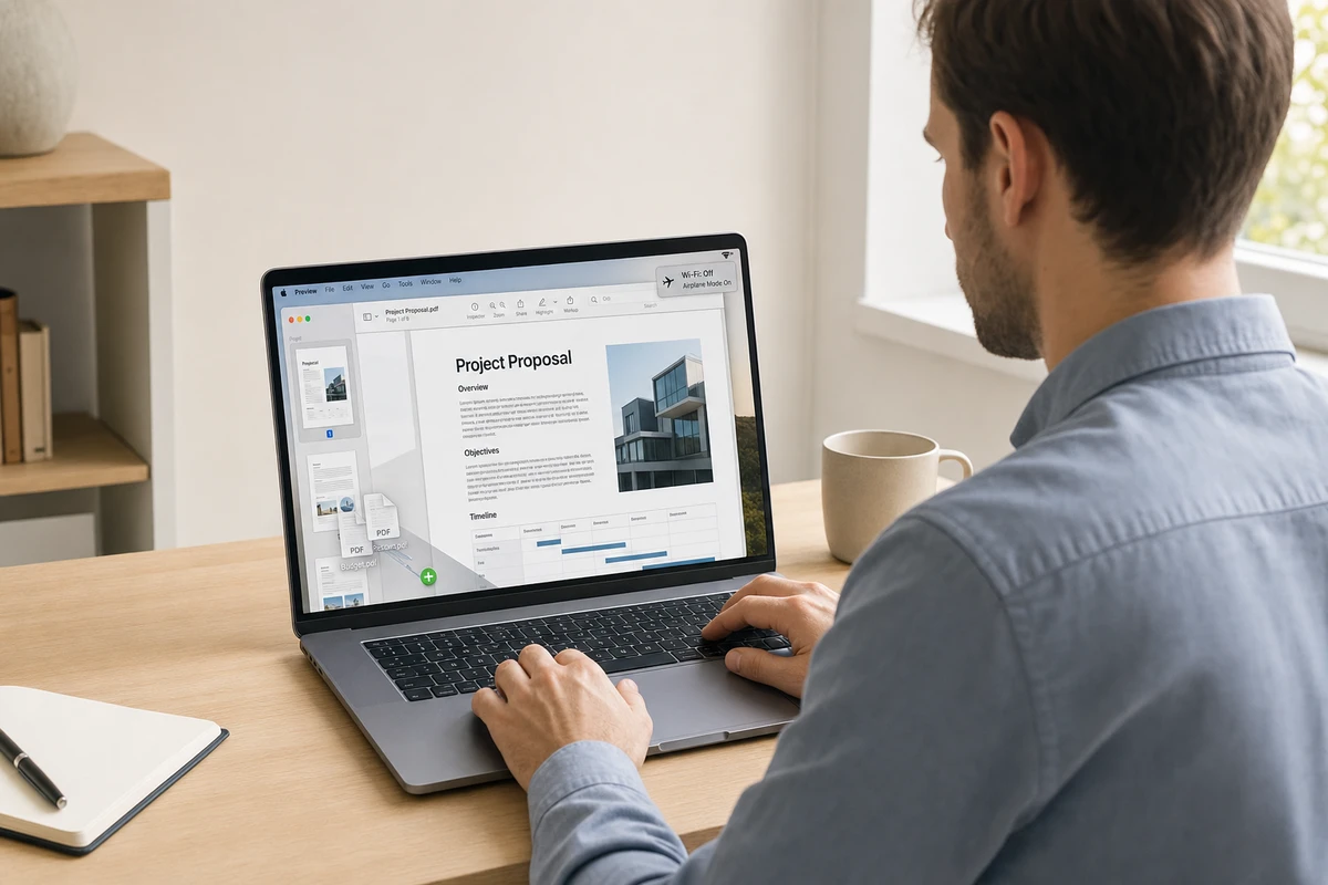 macOS Preview being used offline (Wi-Fi disabled) to merge multiple PDFs by dragging files into the sidebar