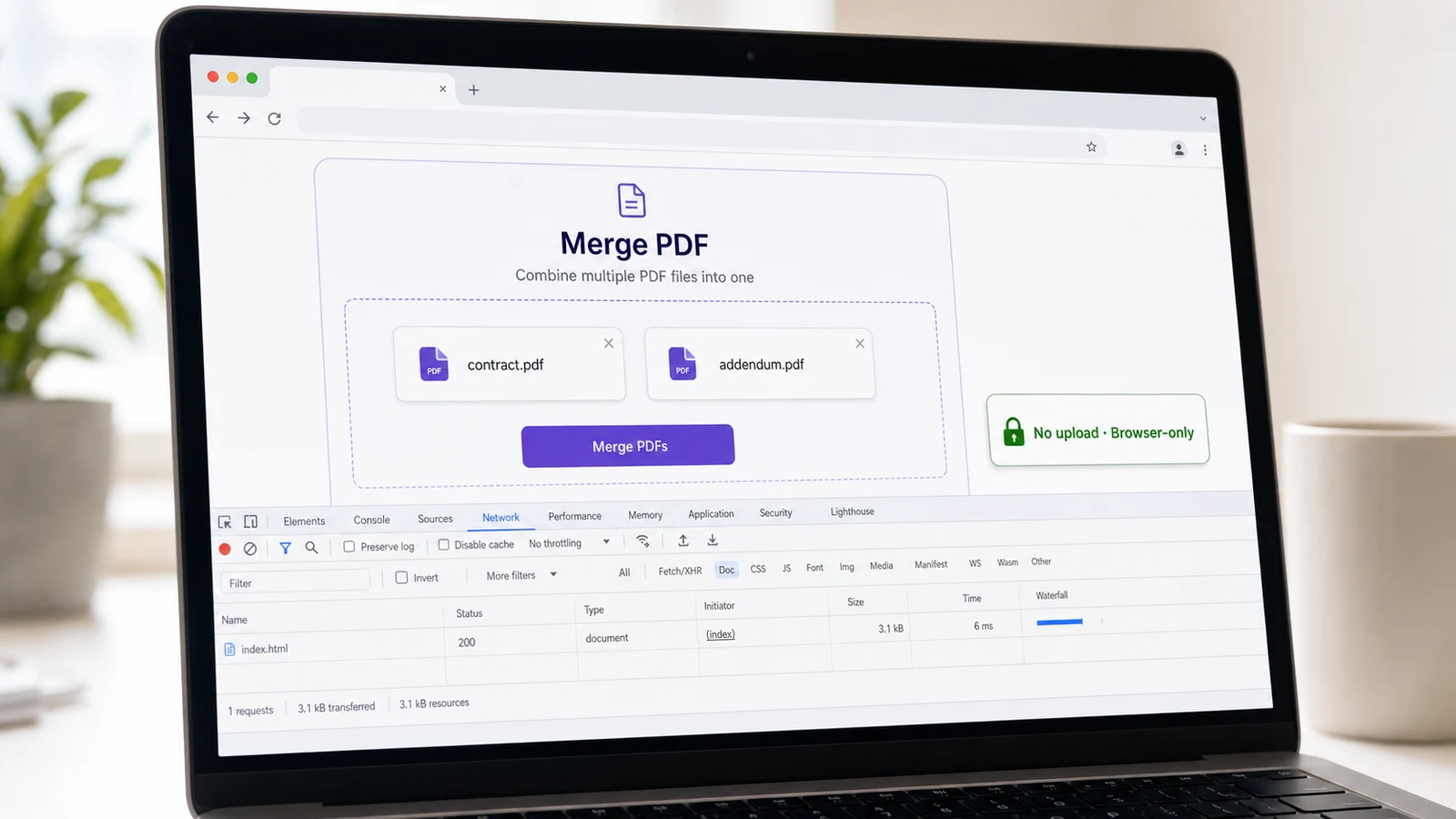 MacBook showing a browser-based PDF merger with DevTools Network panel proving zero POST requests during the merge