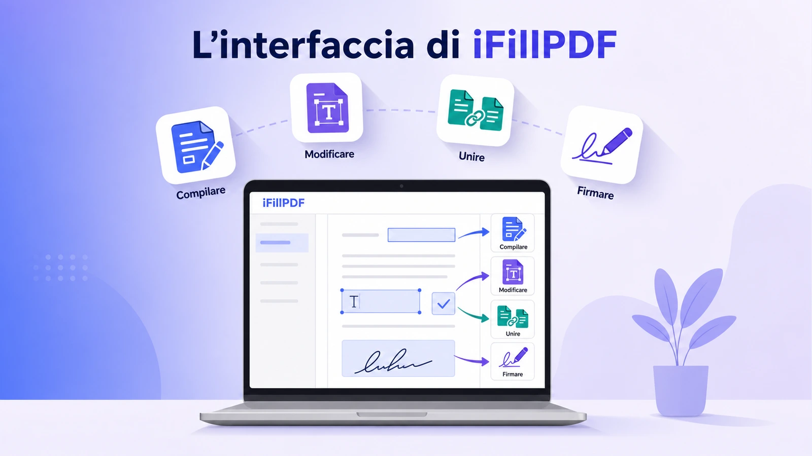 Schermata annotata dell'interfaccia iFillPDF con frecce sui pulsanti compilare, modificare, unire e firmare