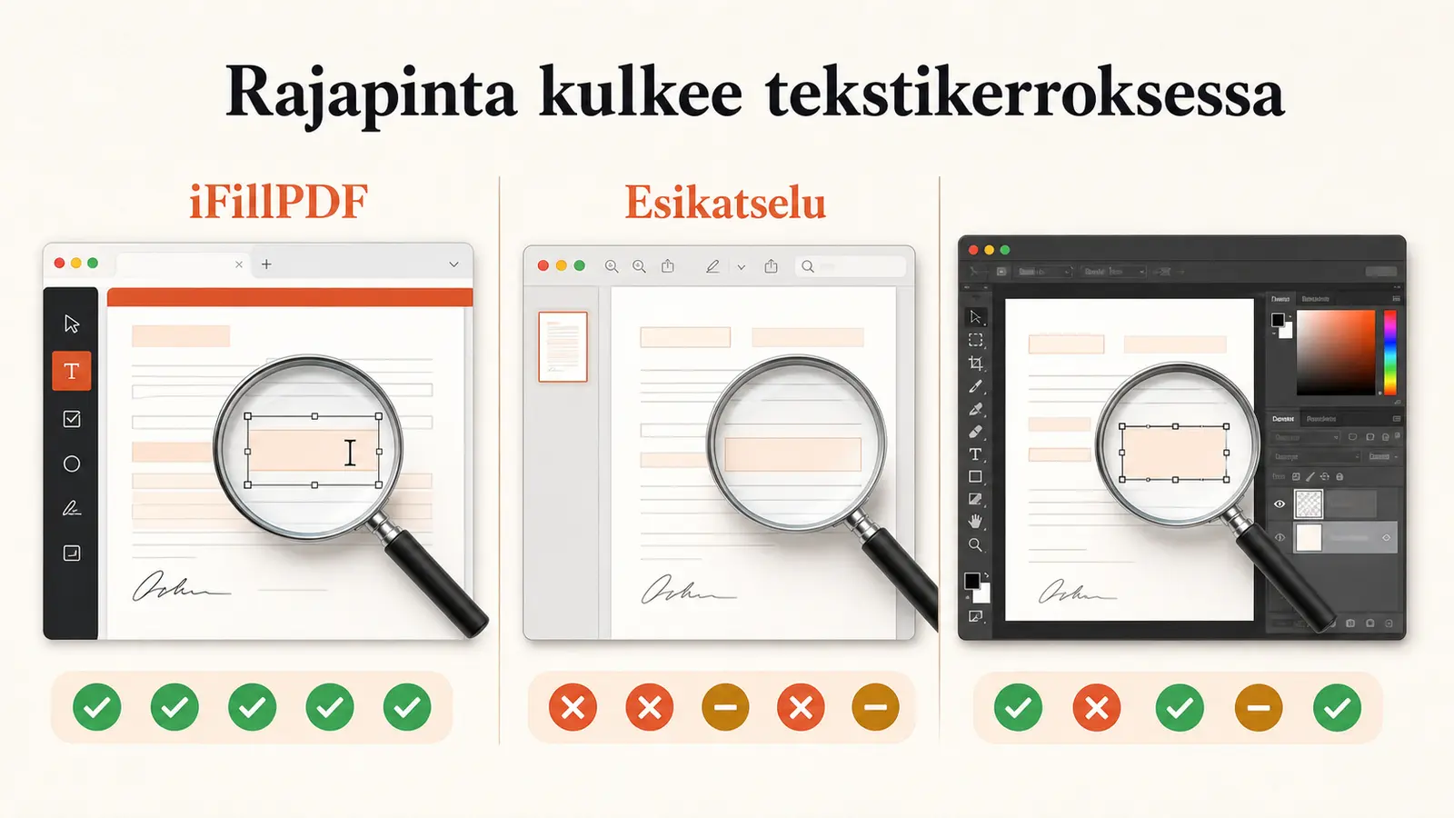 Kolmeen pystysarakkeeseen jaettu vertailukuva: vasemmalla selaimen editori-ikkuna, keskellä macOS Esikatselu -ikkuna, oikealla työpöytäohjelman piirtonäkymä, kunkin alla rivi valintamerkkejä ja viivoja eri muokkaustehtäville