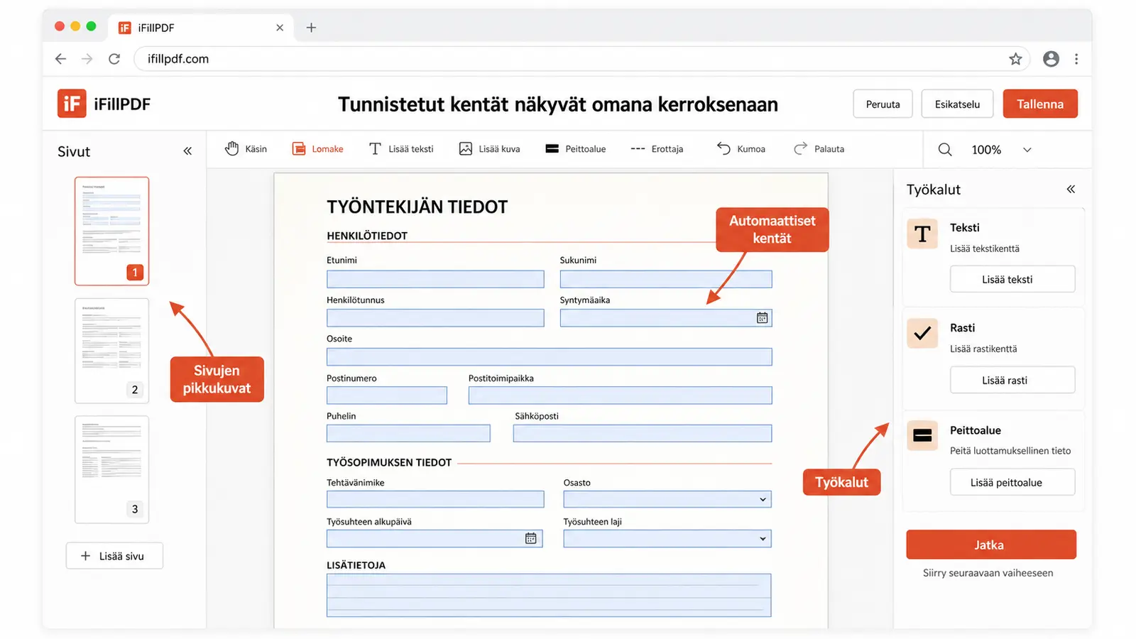 Selaimen PDF-editorin näkymä: vasemmalla sivujen pikkukuvat, keskellä lomakesivu jossa automaattisesti tunnistetut kentät on merkitty vaaleansinisillä laatikoilla, oikealla työkalupalkki tekstille, rastille ja peittoalueelle