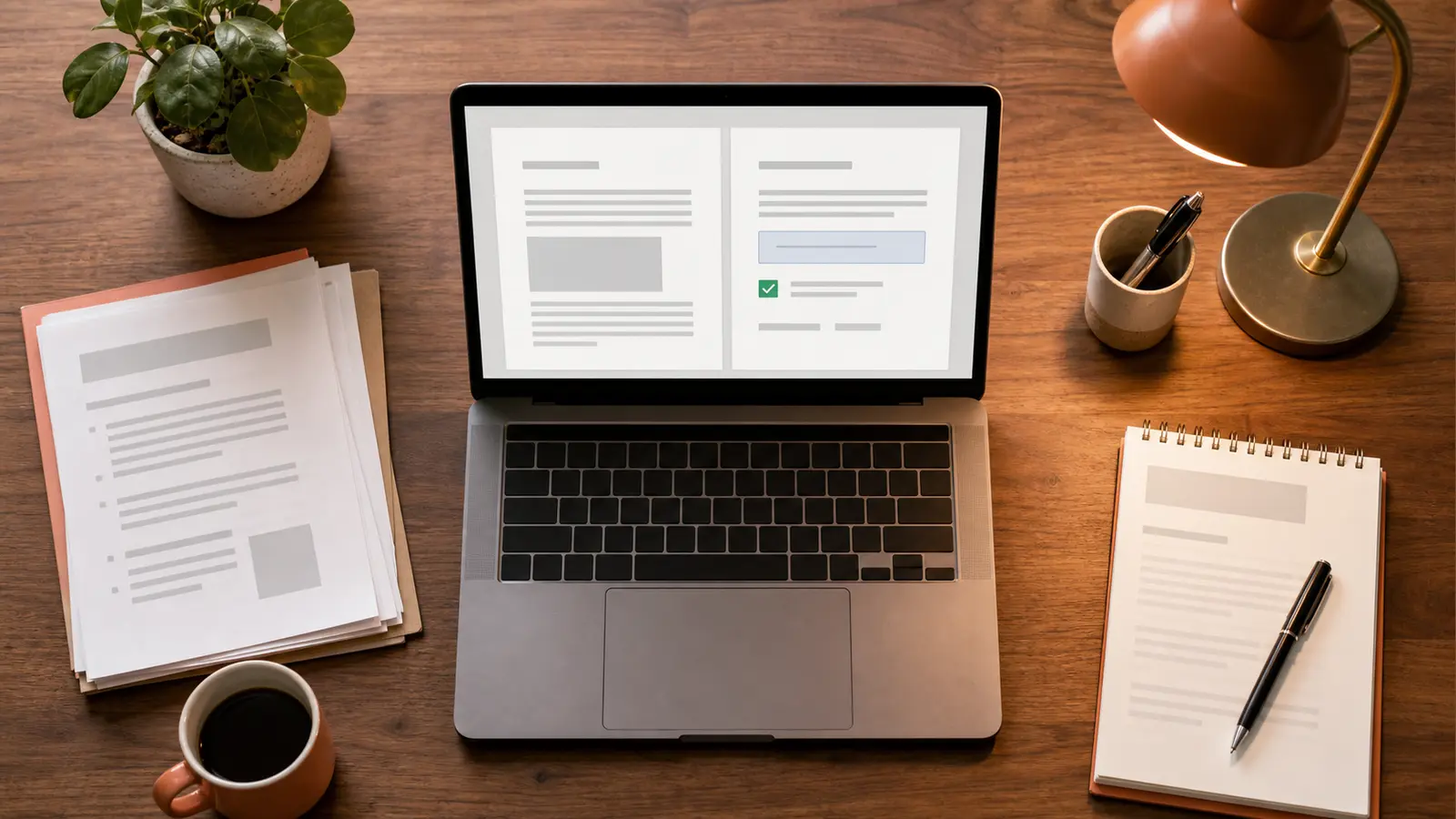 Kannettava tietokone puisella työpöydällä, näytöllä avoinna kaksisivuinen PDF-sopimus, jonka päälle on lisätty vaaleansininen tekstikenttä ja rasti valintaruutuun; vieressä paperipino ja muistilehtiö