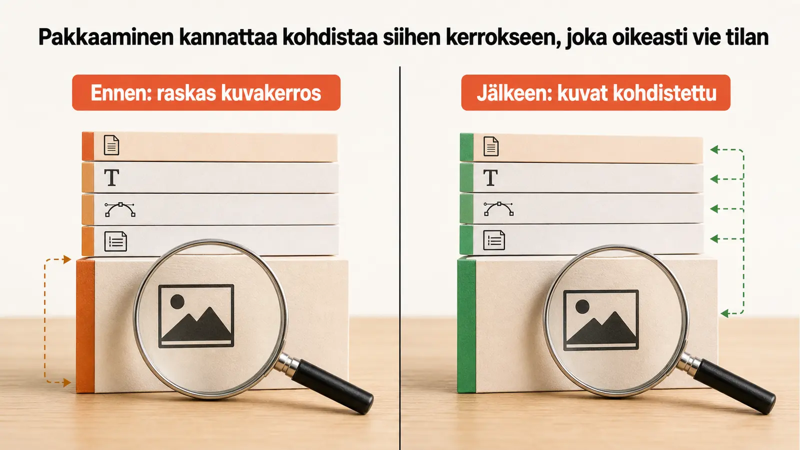 Kaavio, jossa PDF-tiedoston koko on jaettu pinottuihin osiin: skannatut bittikarttakuvat suurimpana lohkona, sulautetut fontit, vektorigrafiikka ja rakenne sekä metatiedot ohuina kerroksina päällimmäisenä