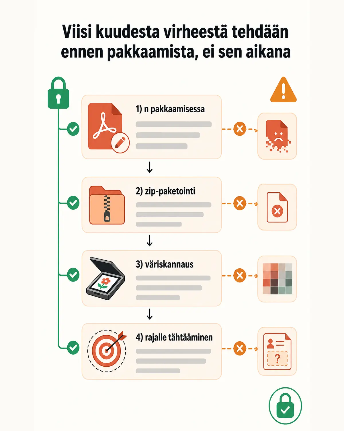 Pystysuuntainen tarkistuslista kuudesta yleisimmästä virheestä PDF:n pakkaamisessa, jokainen kohta omalla rivillään ikonin kanssa: alkuperäisen ylikirjoitus, zip-paketointi, väriskannaus, rajalle tähtääminen, lukukelvoton tulos ja metatietojen unohtaminen