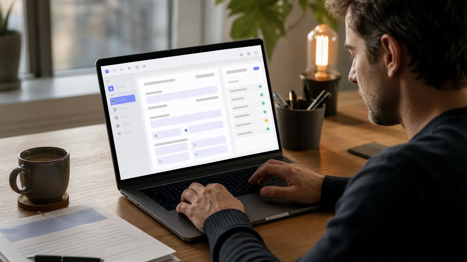 Person füllt am Laptop ein PDF-Formular mit Adobe Acrobat Reader aus, Kaffeetasse daneben