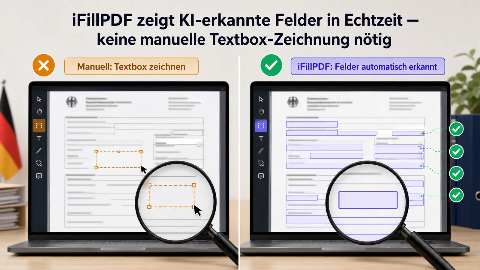 Annotierter Screenshot: iFillPDF erkennt automatisch Textfelder in einem gescannten Behördenformular