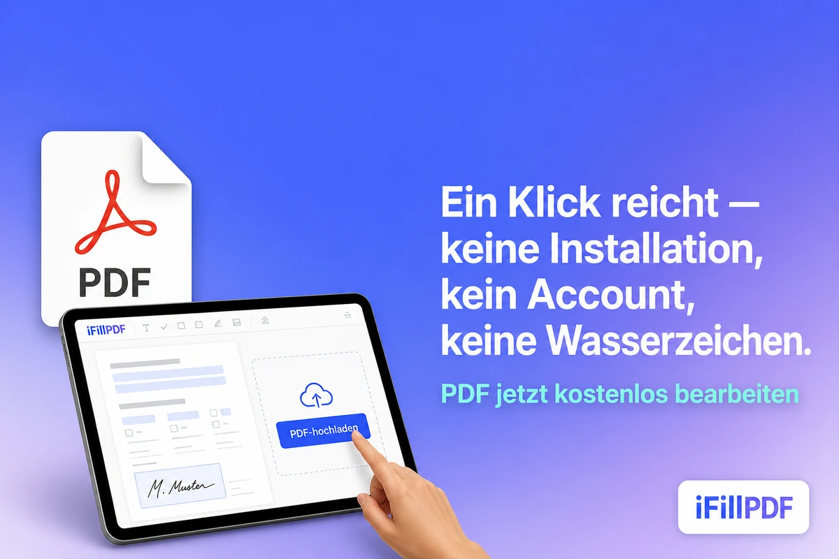 Hand klickt PDF-hochladen-Button auf Tablet mit iFillPDF-Browser-Editor