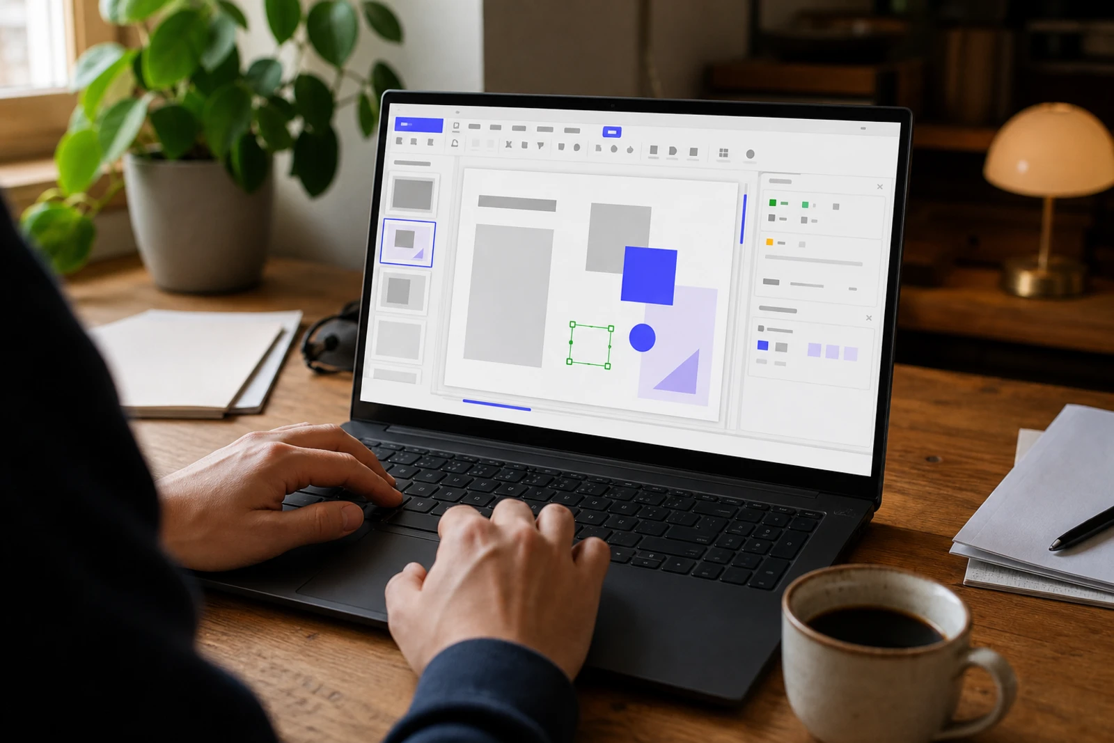 Person bearbeitet PDF in LibreOffice Draw auf Linux-Laptop am Holztisch mit Kaffeetasse