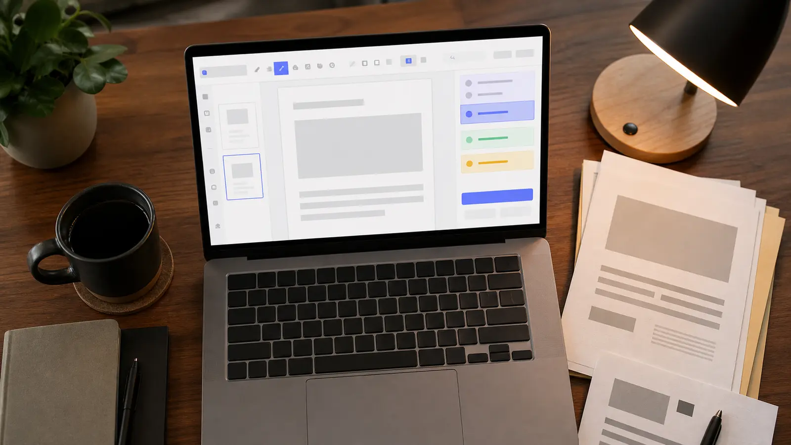 Browser-Fenster mit geöffnetem PDF-Editor und Werkzeugleiste auf Schreibtisch