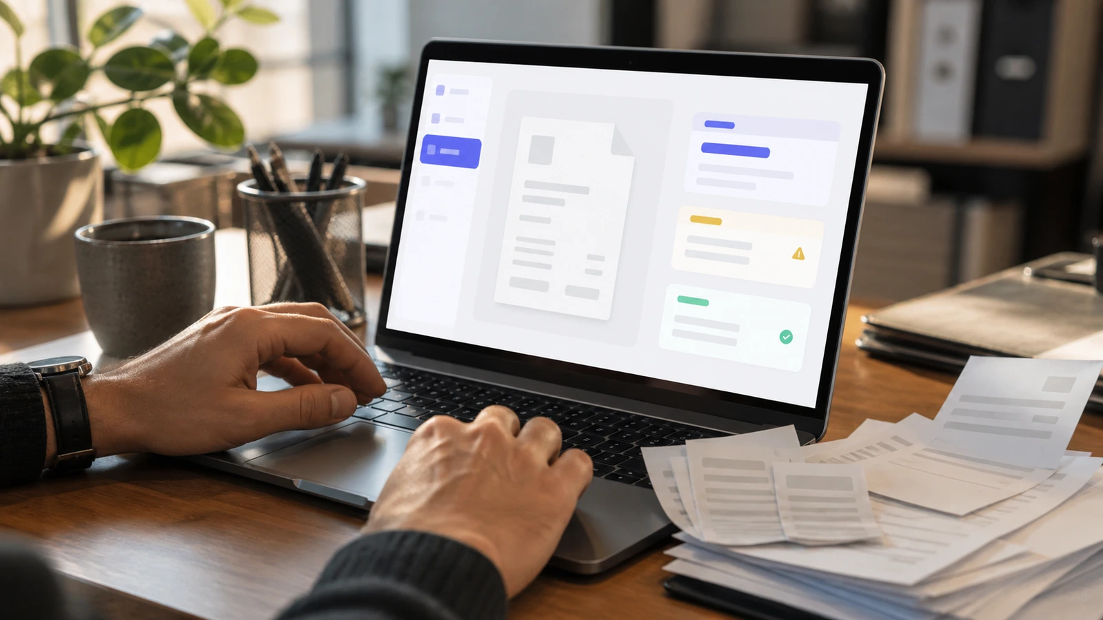 Hände am Laptop mit geöffneter PDF-Vorschau und nebenliegenden Belegen, warmes Tageslicht